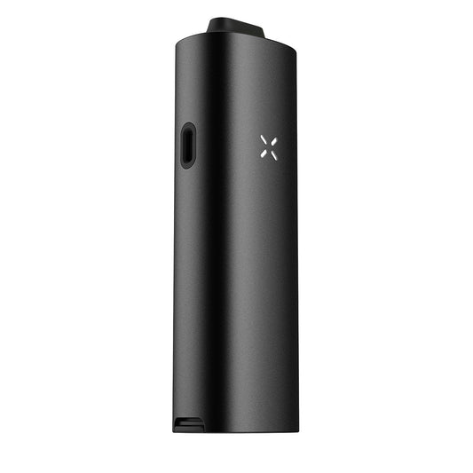 Angled front view of the PAX 4 Onyx with raised mouthpiece fitted.