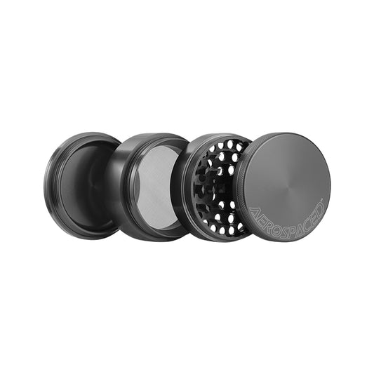 An open large black 4 piece Aeropspaced grinder.